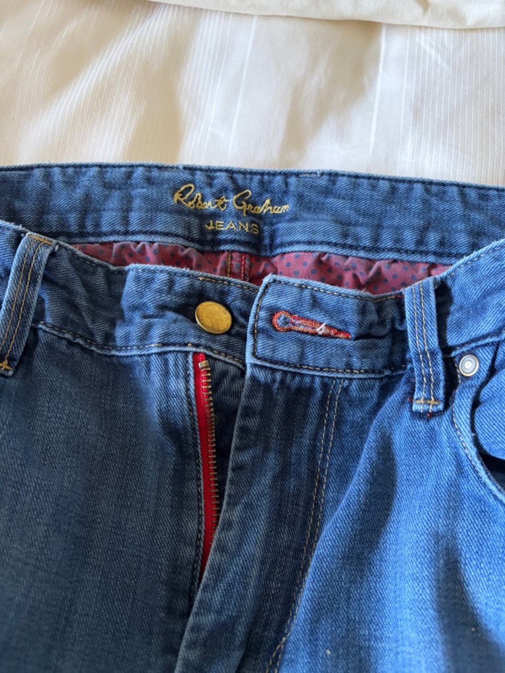 Robert Graham Blue Denim Jeans with Red Trim and Gold Stitching